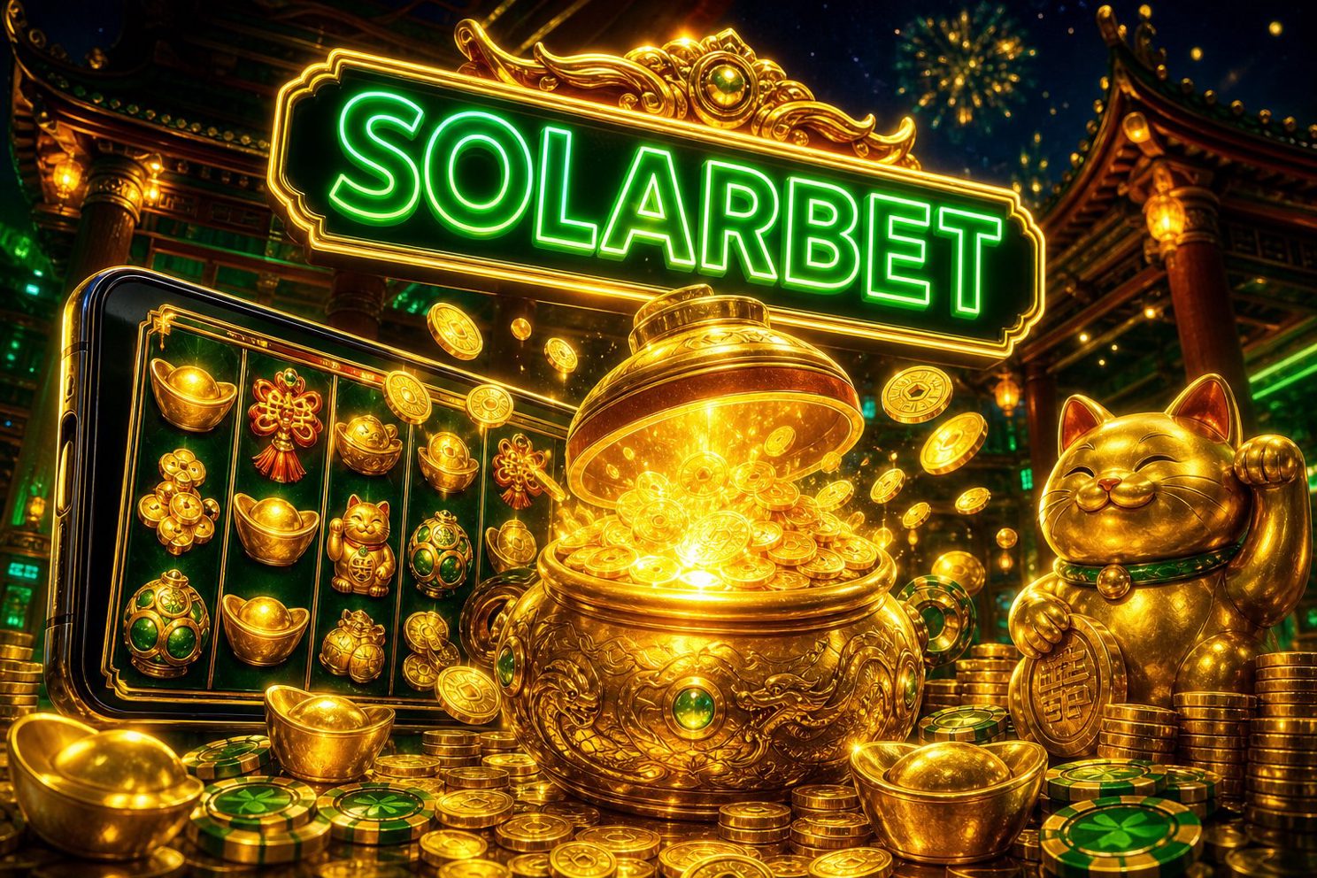 Màn hình chính game Money Coming trên SOLARBET với guồng quay và biểu tượng tài lộc